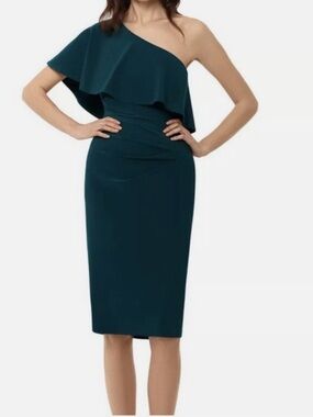 Xscape One-Shoulder Dark Green Sheath Dress